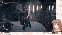 a video game screen shows a man carrying a bear and a girl with a cup of coffee in front of her