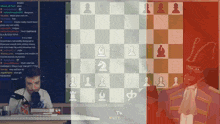 a man is playing a game of chess on a screen that says tw note on it