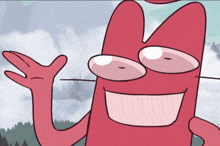 a red cartoon character with glasses and a big smile
