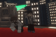 three minecraft characters standing in front of a city at night
