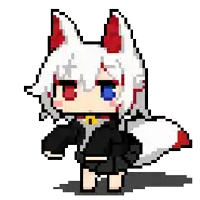 a pixel art drawing of a girl with white hair and red and blue eyes