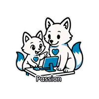 a sticker of two foxes sitting at a desk that says passion