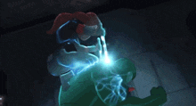 a blue lightning bolt strikes against a black background