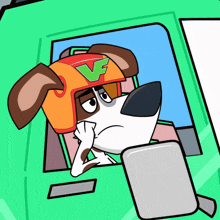 a cartoon dog wearing a helmet with a green letter v on it
