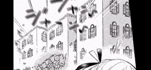 a black and white drawing of a girl in front of a building with a lot of windows .