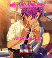 a picture of a boy with purple hair and the words all bets are off on top