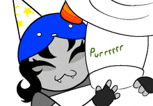 a cartoon drawing of a cat holding a piece of paper that says purrrrr