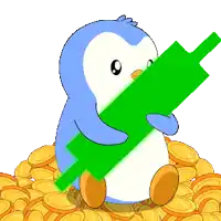 a penguin is sitting on a pile of coins holding a green bar