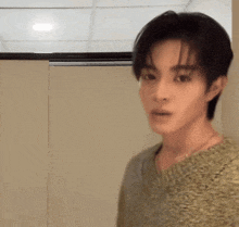 a young man wearing a sweater is standing in front of a door .