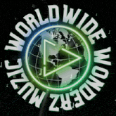 a logo for worldwide music wonderz with a globe in the center