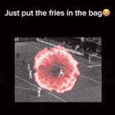 a picture of a soccer game with the words just put the fries in the bag at the top