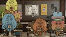 a group of cartoon characters sitting in a classroom
