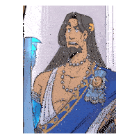 a cartoon drawing of a man with long hair and a necklace