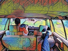 a colorful painting of a person sitting in a car with the letters a and b visible