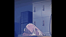 a girl with pink hair is laying on a desk in a room with lockers