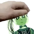 a hand is holding a green doll 's head in a pixel art style .