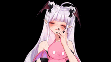 a girl with wings on her head is holding a pink stuffed animal