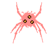 a pixel art drawing of a pink spider with three eyes