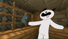 a cartoon character is holding a large axe in front of a wall of hammers