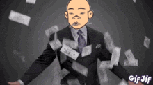 a man in a suit and tie is surrounded by money with gif jif written on the bottom right