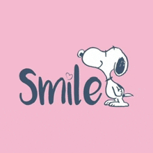 snoopy is smiling on a pink background with the word smile behind him