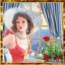 Vintage Woman Cafe GIF - Vintage Woman Cafe Roses GIFs