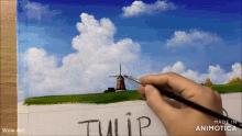 a painting of a windmill with the word tulip written below it