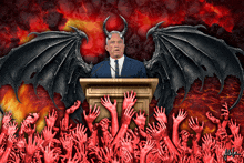 a man with horns is giving a speech in front of a crowd