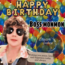 a happy birthday card for boss monmon with a woman wearing sunglasses