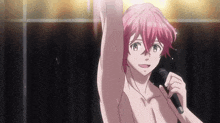 a naked anime girl is singing into a microphone .