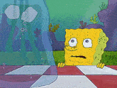 a cartoon of spongebob squarepants looking out a window