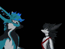 two furry animals are standing next to each other in a black background