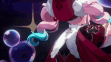a woman in a red dress with bubbles in the background