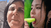 a woman is eating an ice cream cone next to another woman eating a slice of lemon .
