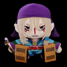 a stuffed animal with a purple hat is holding a book and a sword