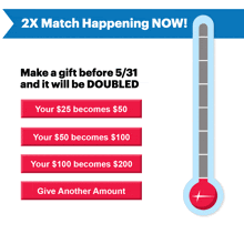 a thermometer with the words make a gift before 5/31 and it will be doubled below it