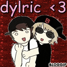 a cartoon of two boys hugging with the words dylric < 3 written above them