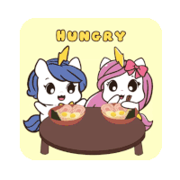 two unicorns are sitting at a table with bowls of food and the word hungry on the bottom