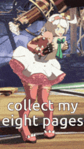 a girl in a pink and white dress with the words collect my eight pages on the bottom