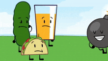 a taco , pickle , glass of orange juice , and bomb are standing in a field .