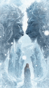 a woman in a white dress stands in front of two lions in a snowy forest