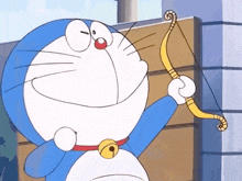 doraemon is holding a bow and arrow in his right hand