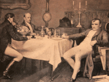 a painting of three men sitting around a table with candles