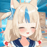 a blonde anime girl with blue and white hair and ears