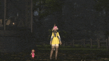 a woman in a yellow dress is standing next to a smaller doll