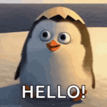 a penguin from madagascar is saying hello .