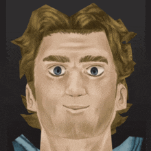 a close up of a man 's face with blue eyes and blonde hair