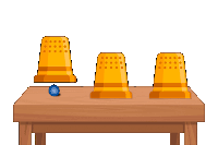 three yellow cups are on a wooden table with a blue ball