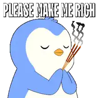 a blue and white penguin holding incense sticks with the words " please make me rich " below it