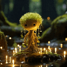 a small tree with a face is surrounded by candles and moss